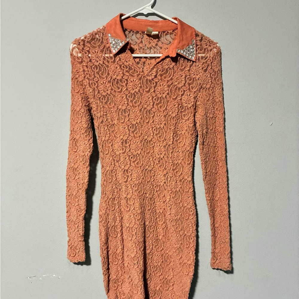 Forever 21 Coral Lace Long-Sleeve Dress with Embellished Collar